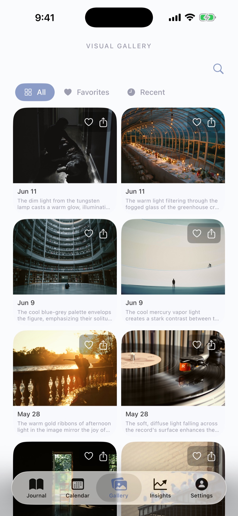 RTF Journal gallery: a grid of cinematic photographs generated from journal entries.