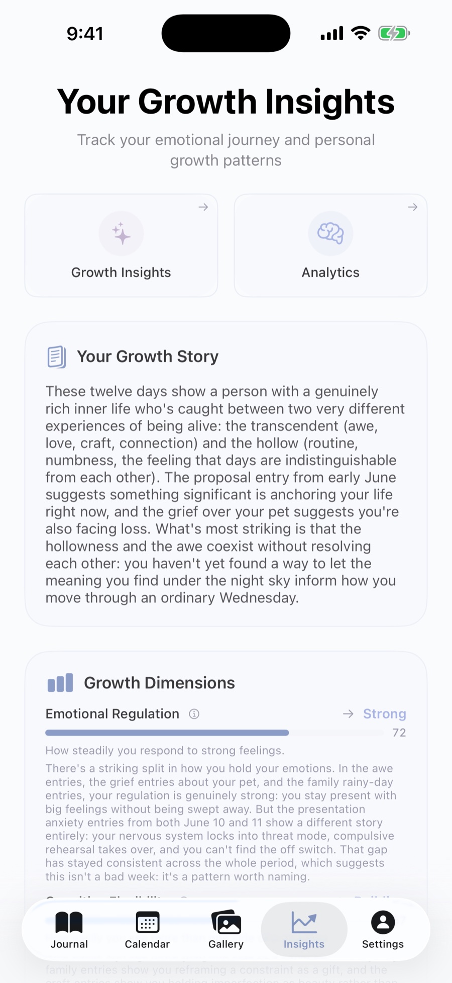 RTF Journal Growth Insights dashboard: a narrative growth story and scored growth dimensions.
