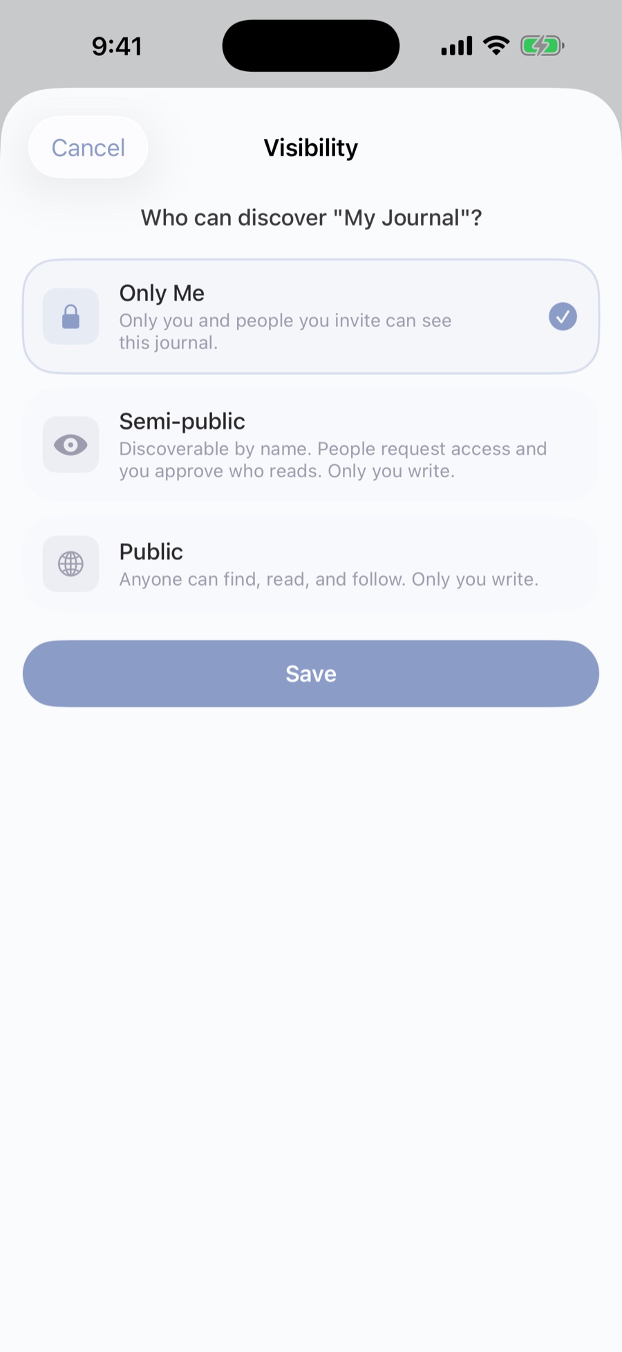 RTF Journal journal-visibility options: Only Me, Semi-public, and Public.