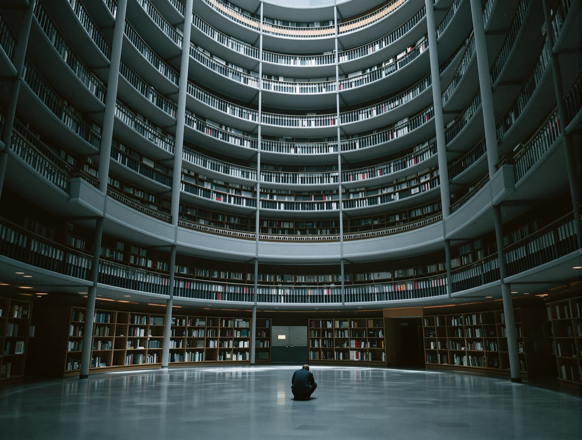 A small figure dwarfed in a vast, emptying room under cool light, a cinematic photograph RTF Journal generated from a journal entry about loss.