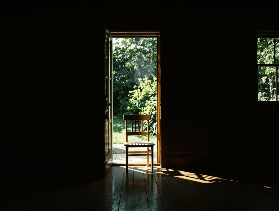 A wooden chair in a sunlit doorway opening onto an overgrown garden, a cinematic photograph RTF Journal generated from an entry about gratitude for small ordinary moments.