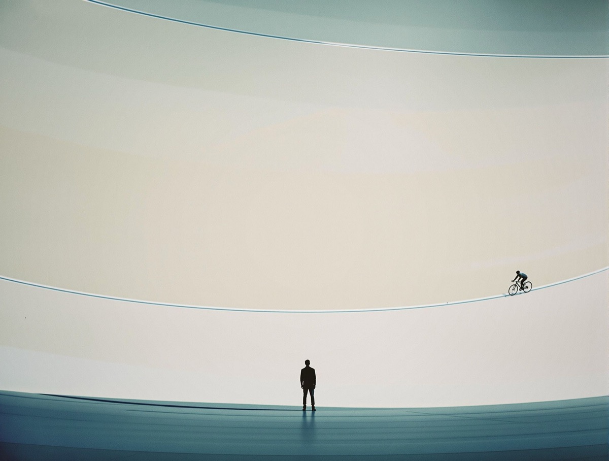 A small figure stands in a vast open landscape under directional light, a cinematic photograph generated by RTF Journal.