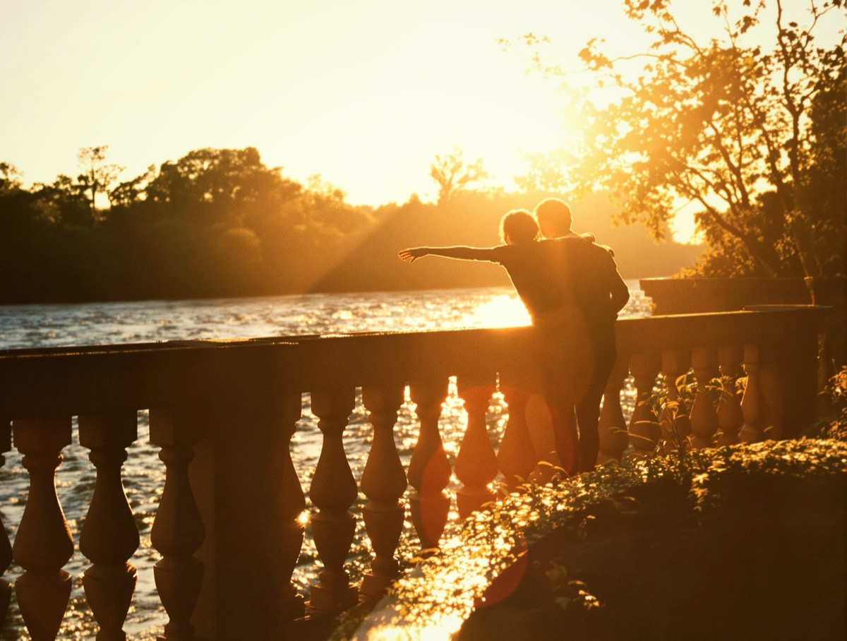 Two figures in warm golden light sharing a quiet moment, a cinematic photograph RTF Journal generated from a joyful entry.